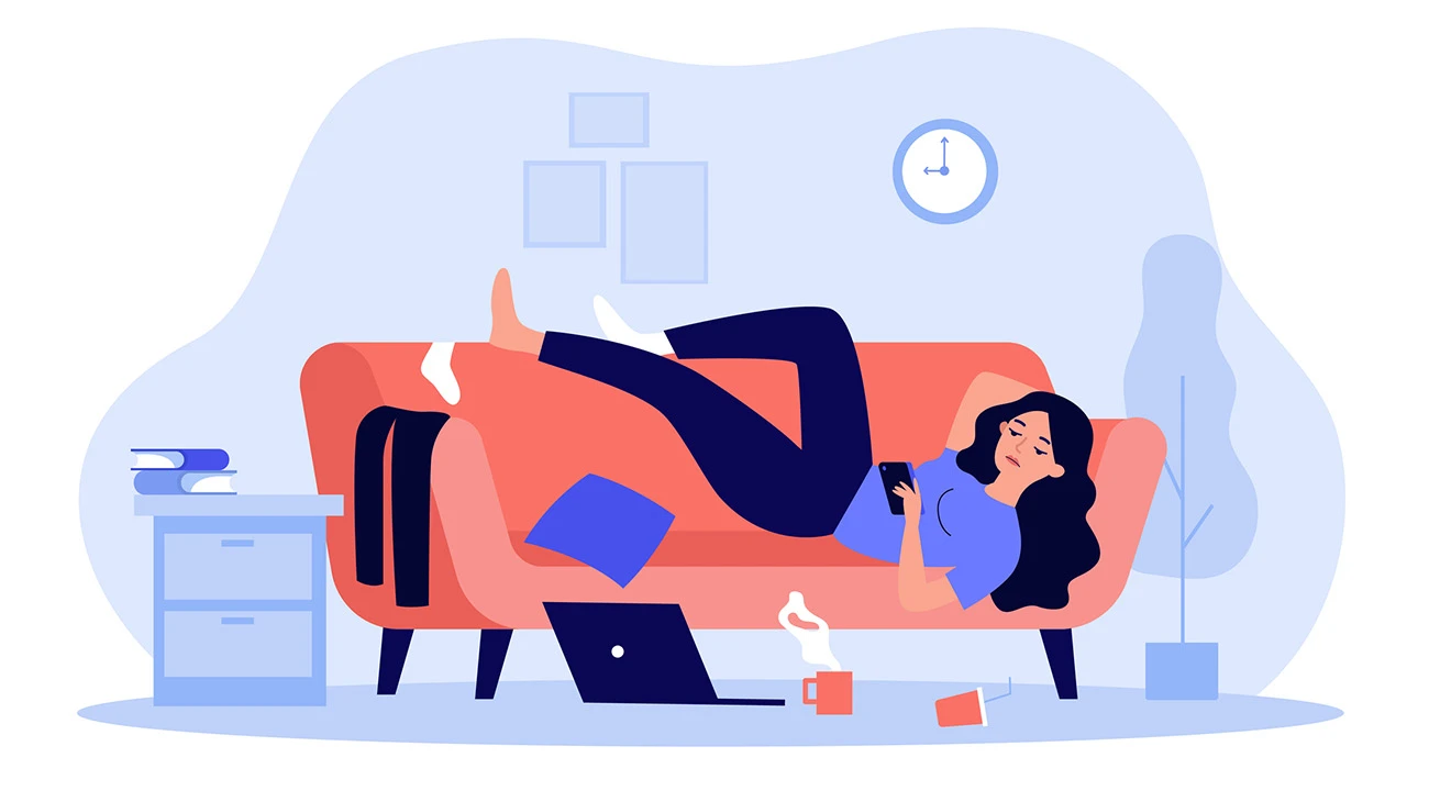 Depressed woman lying on couch in messy room isolated flat vector illustration. Cartoon lazy character resting on sofa at home and surfing internet on smartphone. Apathy and indifference concept
