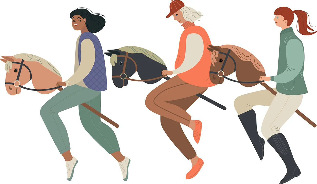 Young Girl riding on a stick horse. Hobbyhorsing sport activity. Modern children's sports hobby. Flat vector character