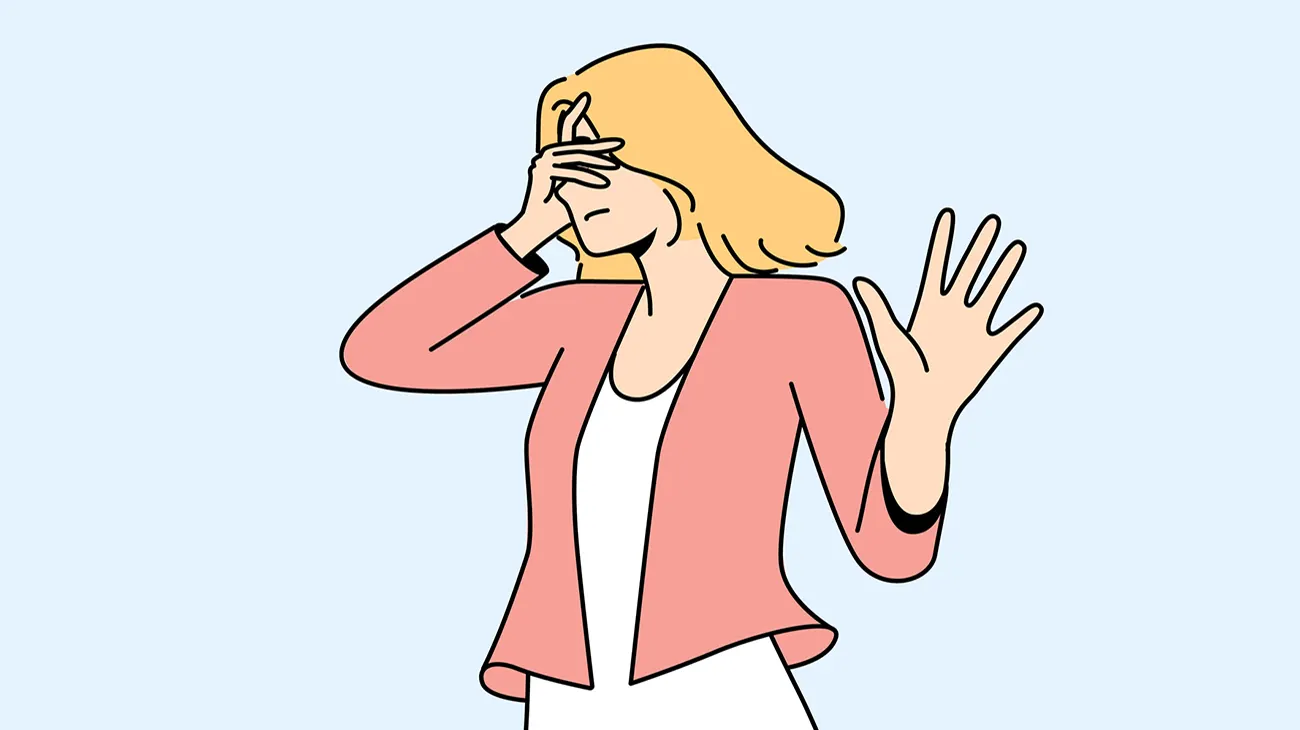 Woman closes eyes and makes stop gesture, expressing dissatisfaction or disagreement with what is happening. Sad girl does not want to see offender and calls to stop, blocking path with hand