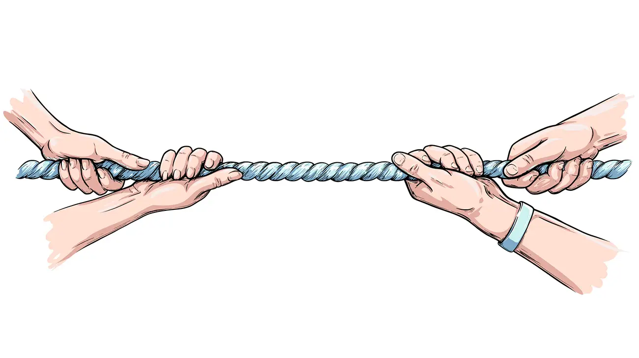 Tug war competition with rope. Hands pulling rope. Colored hand drawn vector illustration isolated in white background